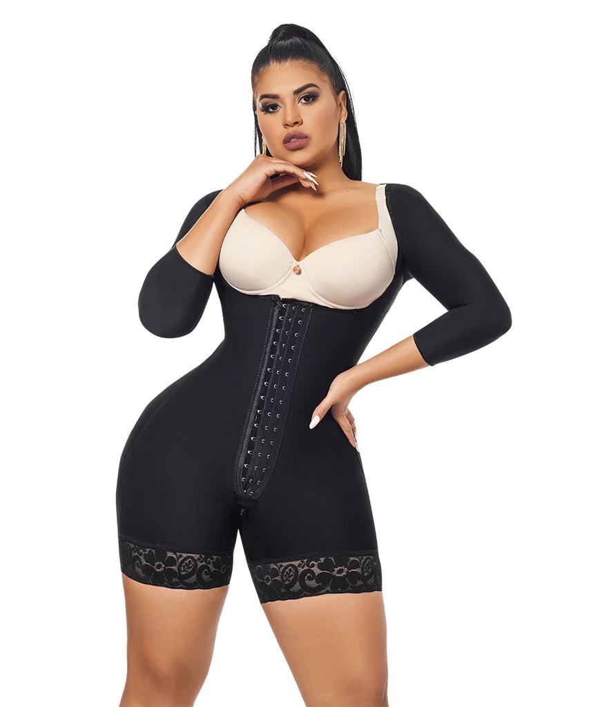 Faja Media Pierna negra, Open Bust Bodysuit Mid Thigh, Perineal Zipper ( Ref. O-215 )