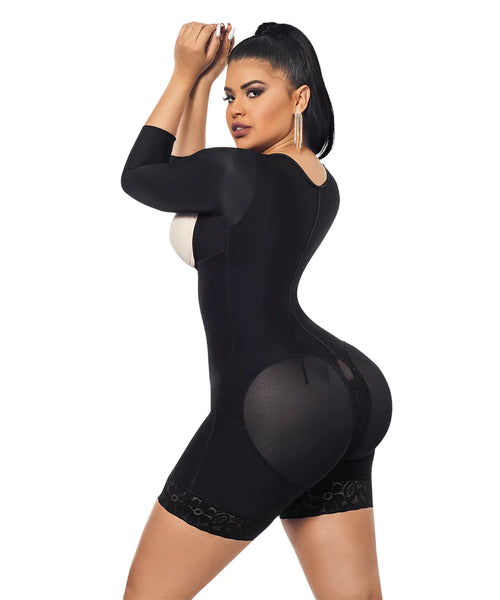 Faja Media Pierna negra, Open Bust Bodysuit Mid Thigh, Perineal Zipper ( Ref. O-215 )